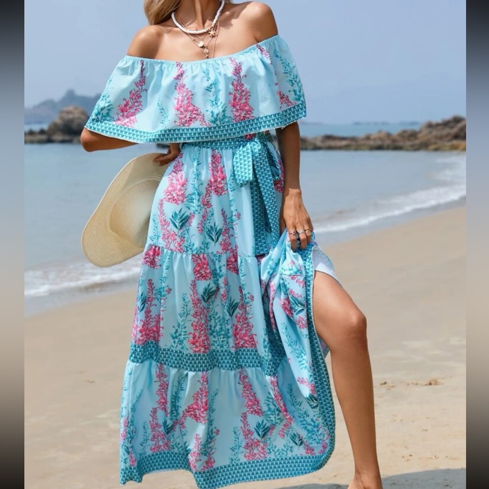 Bohemian Floral Print Off Shoulder Ruffle Maxi Dress Blue - Picture 6 of 7